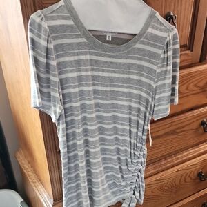Striped Grey & White Short Sleeve Tee with Side Ruched Detail